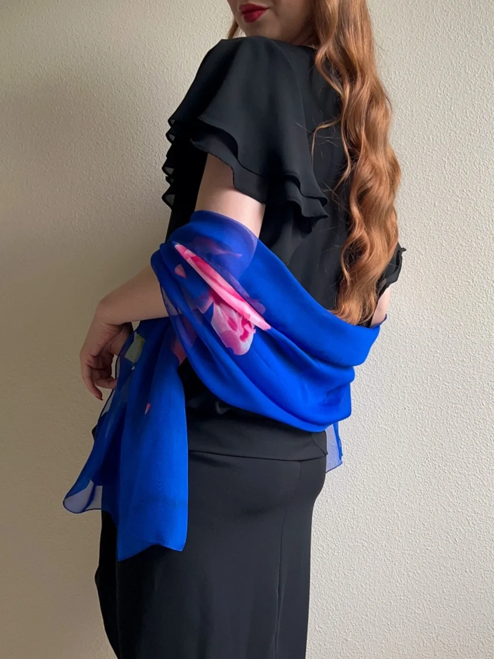 Vintage 1990s Royal Blue Long Scarf With Pink Rose